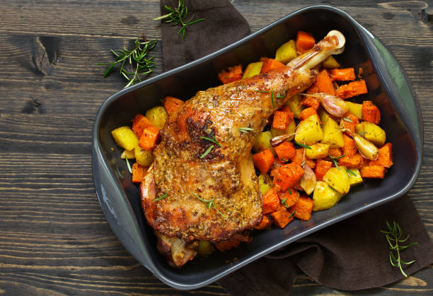 istock baked turkey thigh with vegetables. 1065348080