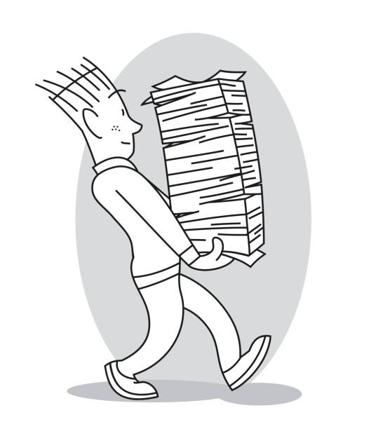Young man going with a large stack of paper sheets on his hands. Cartoon vector illustration vector art illustration