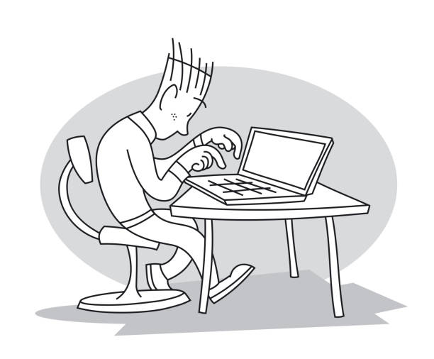 Young man sitting at table and working, typing nn his laptop. Cartoon vector illustration vector art illustration