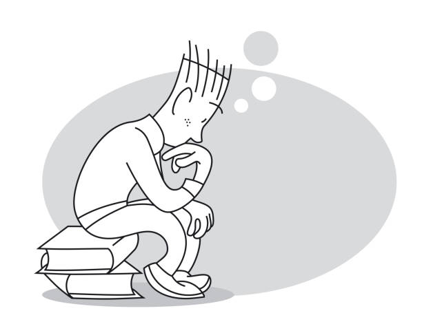 Thinking young man sits on stack of books. Cartoon vector illustration vector art illustration