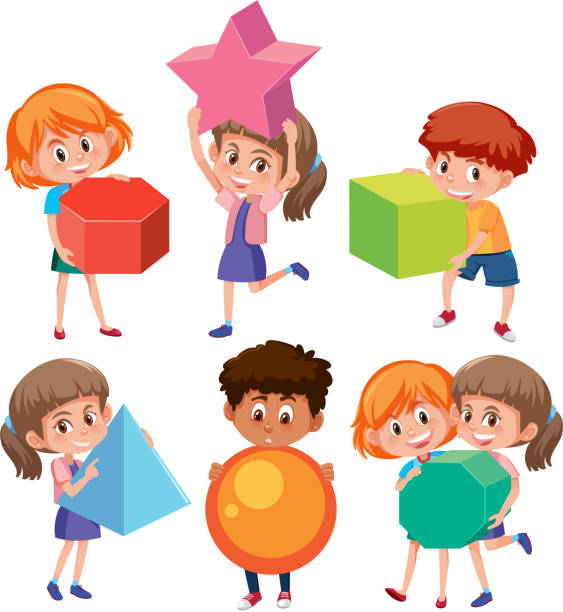 ilustrações de stock, clip art, desenhos animados e ícones de children character holding geometry shapes - studen