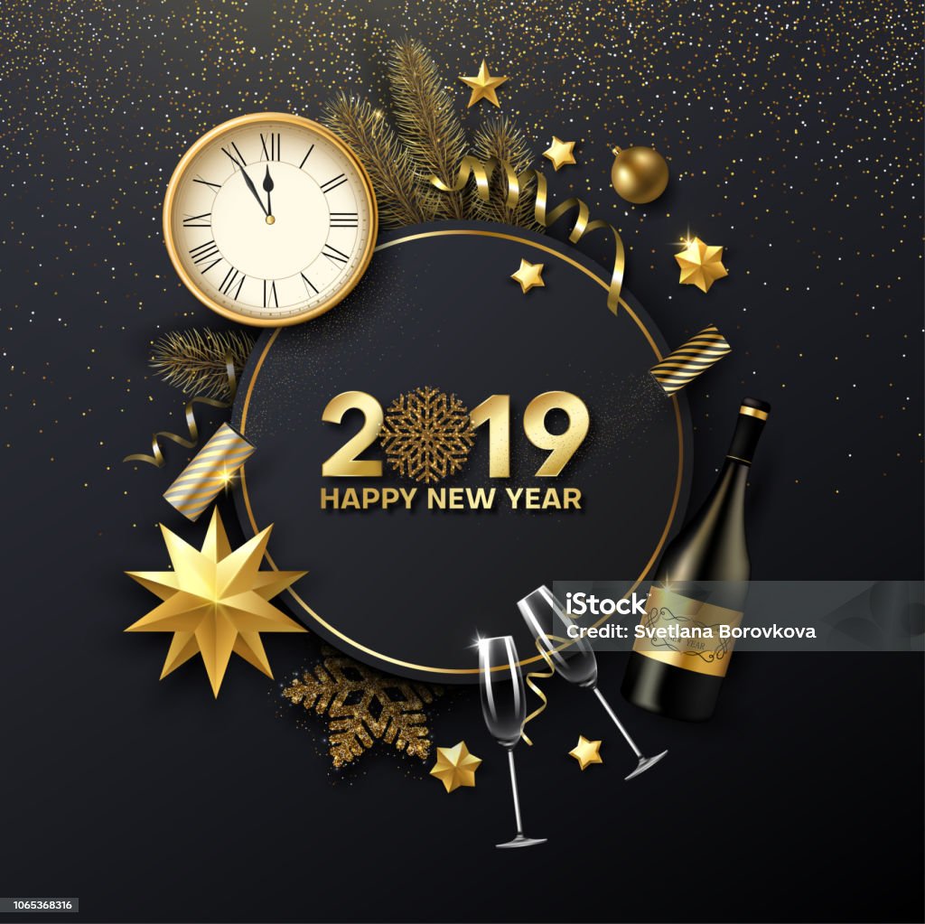 Happy New Year 2019 card with Christmas decorations, Champagne, fir and clock. Happy New Year 2019 shiny card with golden Christmas decorations, Champagne, fir branch and clock. Vector background. New Year stock vector