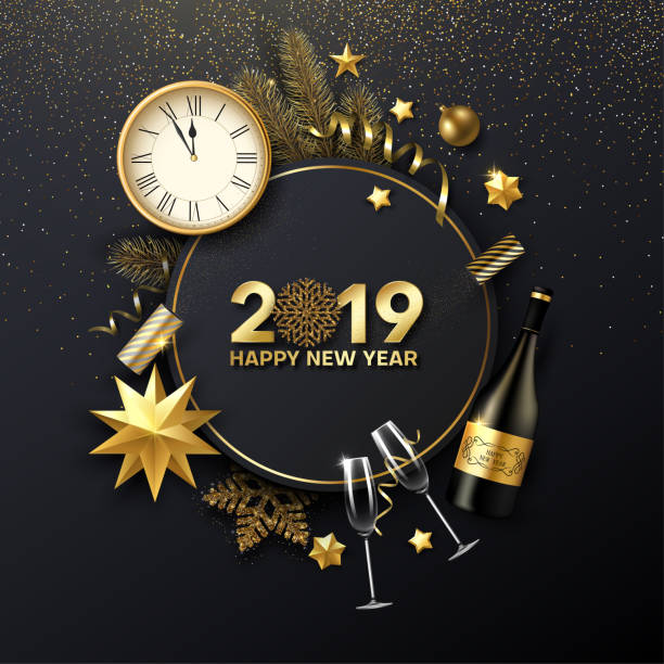 Happy New Year 2019 card with Christmas decorations, Champagne, fir and clock. Happy New Year 2019 shiny card with golden Christmas decorations, Champagne, fir branch and clock. Vector background. new years 2019 stock illustrations