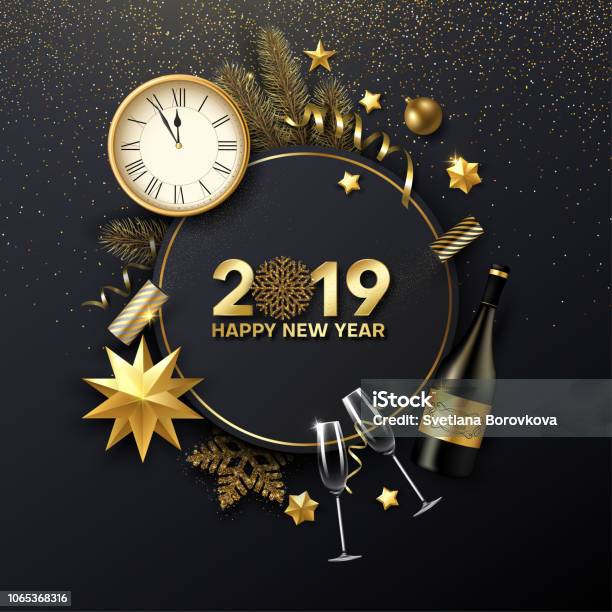 Happy New Year 2019 Card With Christmas Decorations Champagne Fir And Clock Stock Illustration - Download Image Now