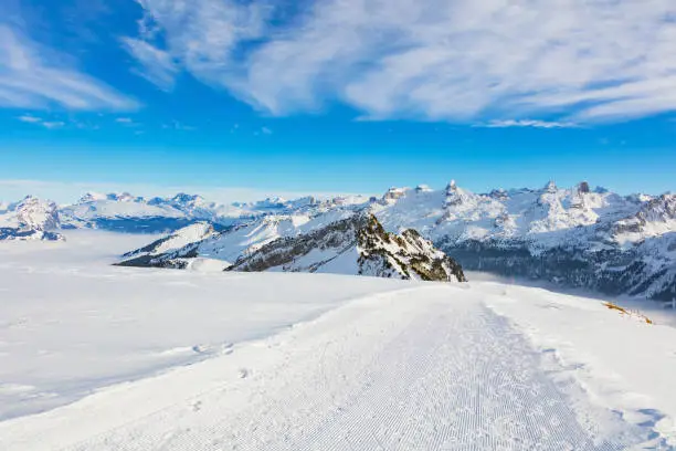 View on the Fronalpstock mountain in the Swiss canton of Schwyz in winter.