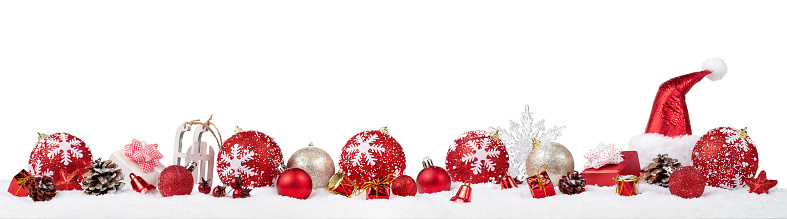 Panoramic christmas ornaments in the snow isolated on white bckground