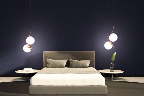 istock Purple master bedroom with white bed 1065383014