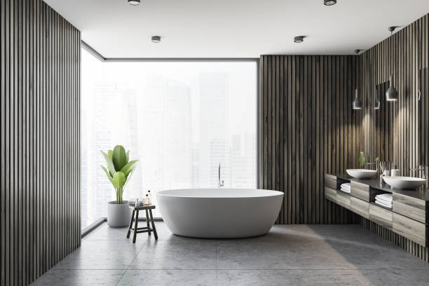 istock Dark wooden bathroom interior, tub and sink 1065383412