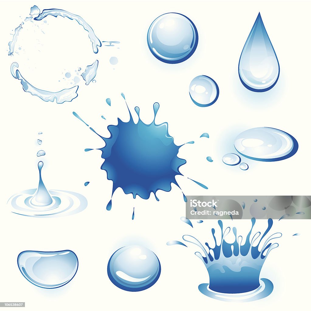 Series of illustrated water droplets Collection of water. Drops, splash, blot.  Beauty In Nature stock vector