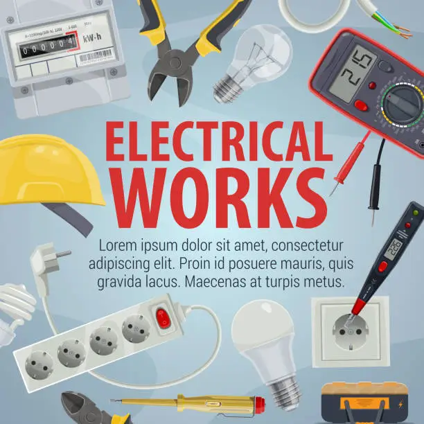 Vector illustration of Electrician tools icons and electrical works