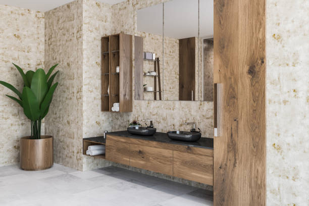 istock Wooden bathroom interior, black double sink 1065386236