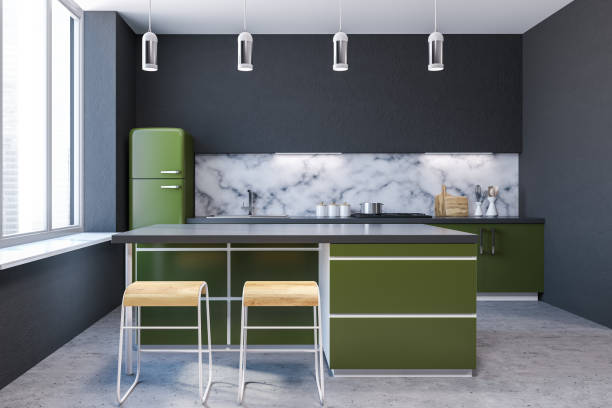 istock Kitchen interior, green countertops, bar 1065386256
