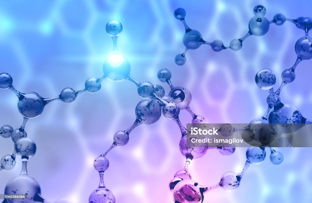 Atom model grid double exposure science Molecules over blurred atomic grid. Dark blue and purple background. Concept of science. 3d rendering toned image double exposure mock up Biotechnology Stock Photo