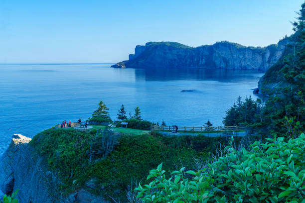 Cap-Bon-Ami, in the north sector of Forillon National Park Cap-des-Rosiers, Canada - September 13, 2018: Landscape of cliffs and ocean in Cap-Bon-Ami, with visitors, in the north sector of Forillon National Park, Gaspe Peninsula, Quebec, Canada forillon national park stock pictures, royalty-free photos & images