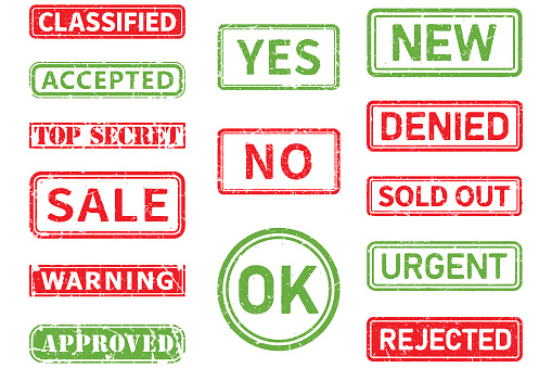 Classified, accepted, top secret, sale,warning,approved,yes, no, ok, new,denied,sold out,urgent,rejected vector stamp shapes