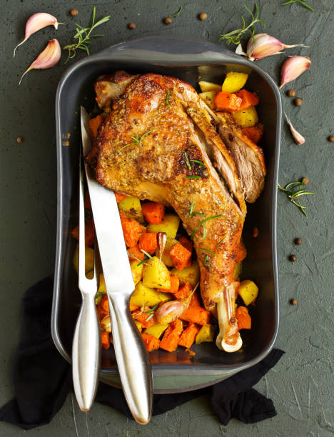 istock baked turkey thigh with vegetables. 1065394788
