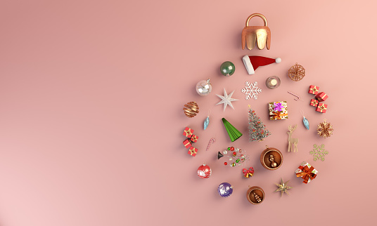 Christmas ornaments flat lay, can be used new year concepts. ( 3d render )