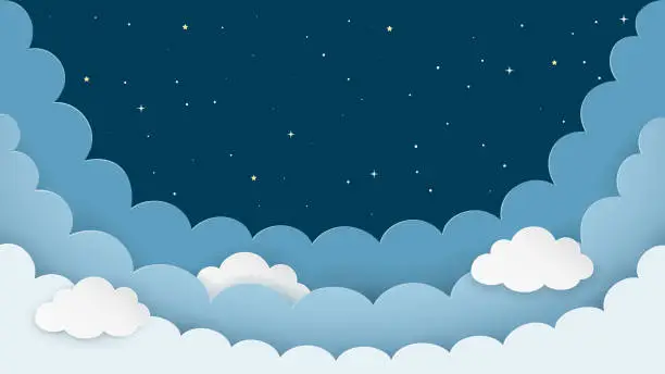 Vector illustration of Night sky background with clouds and stars. Dark night cloudscape backdrop with copy-space. Cartoon paper art style. Vector Illustration.