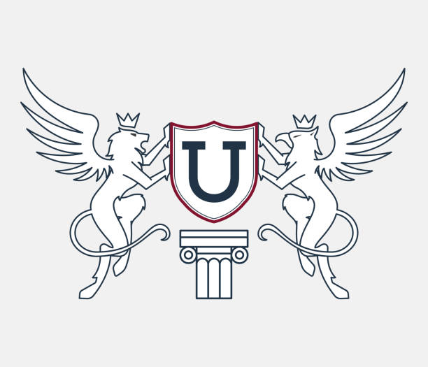 значки колледжей и университетов - heraldic griffin sword crown stock illustrations