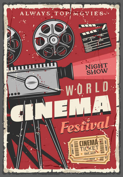 Cinema festival retro poster, vintage camcorder Cinema or movie festival retro poster. Vintage video camera with film reels and golden tickets, clapperboard or clapper, night show. Entertainment with motion picture on big screen, old camcorder film poster stock illustrations