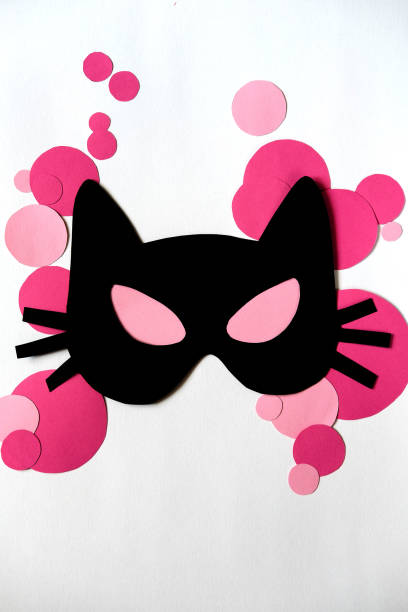 Paper Cat Mask On White Background With Pink Circles Halloween