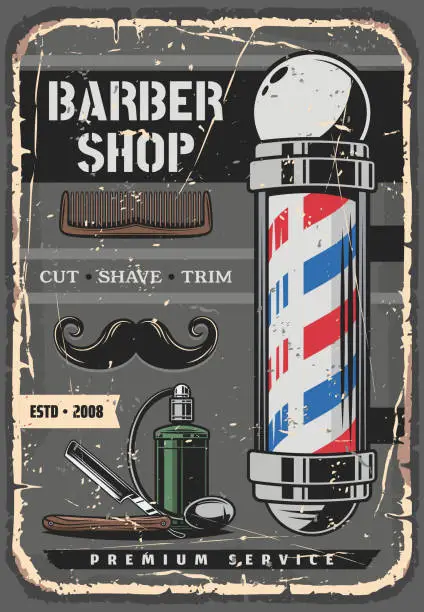 Vector illustration of Mustaches beard, razor and barber shop pole