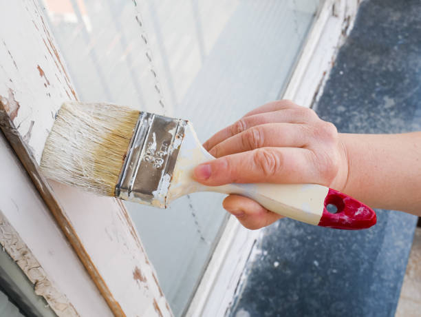 pintura de la mano la ventana - female house painter home decorator paintbrush fotografías e imágenes de stock