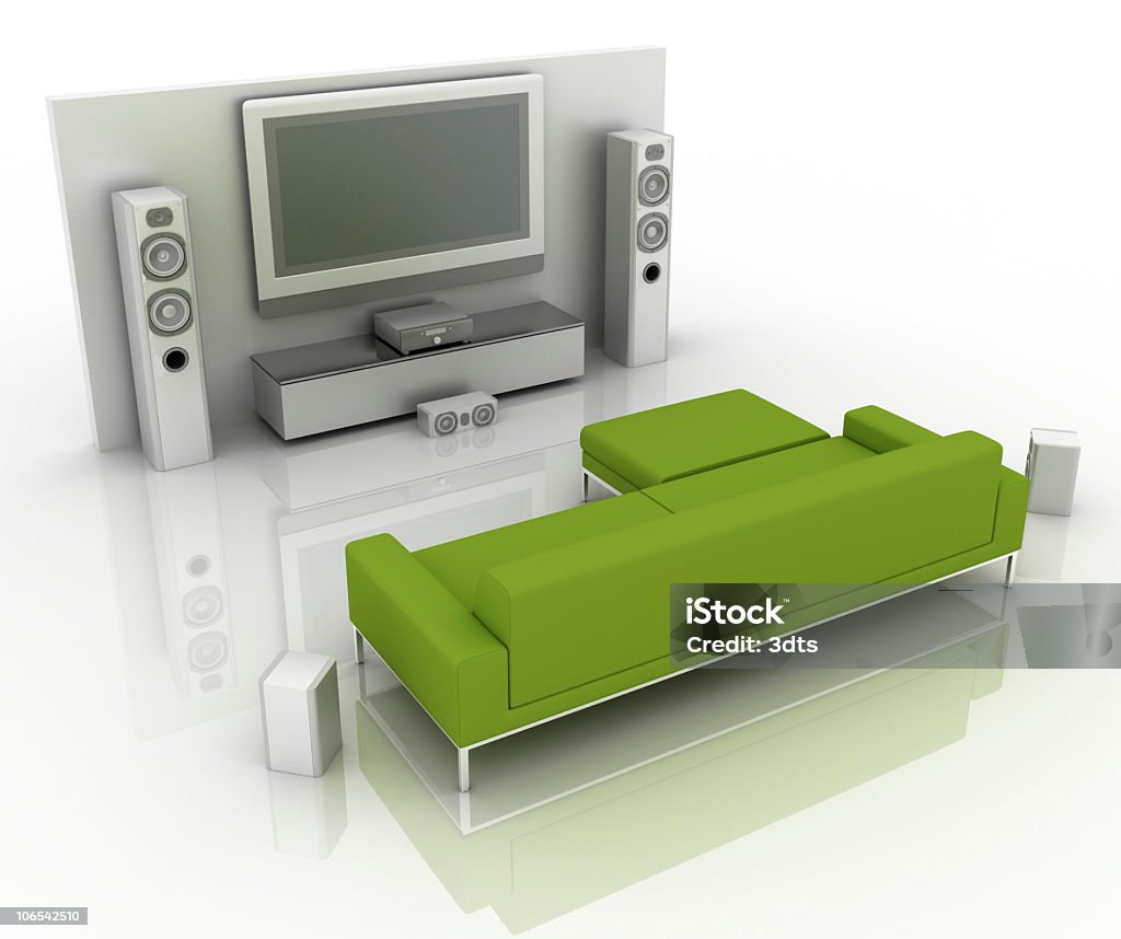 세련된 홈 시어터 시스템 및 녹색 소파 (흰색 - 로열티 프리 0명 스톡 사진
