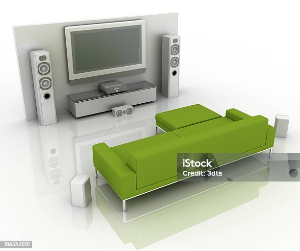 세련된 홈 시어터 시스템 및 녹색 소파 흰색 0명에 대한 스톡 사진 및 기타 이미지 - 0명, HDTV, LCD