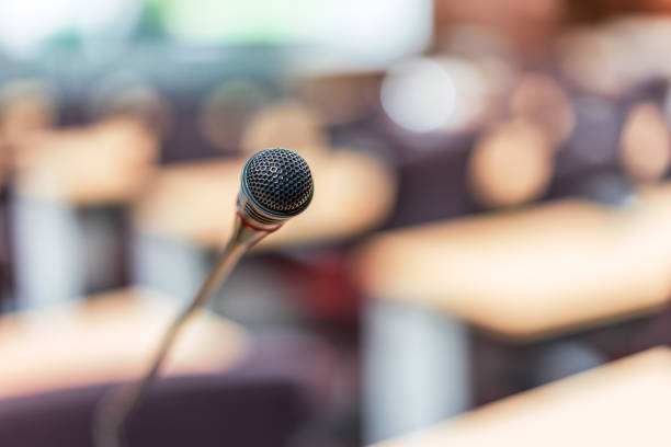 istock The microphone in the conference room is empty. 1065428380