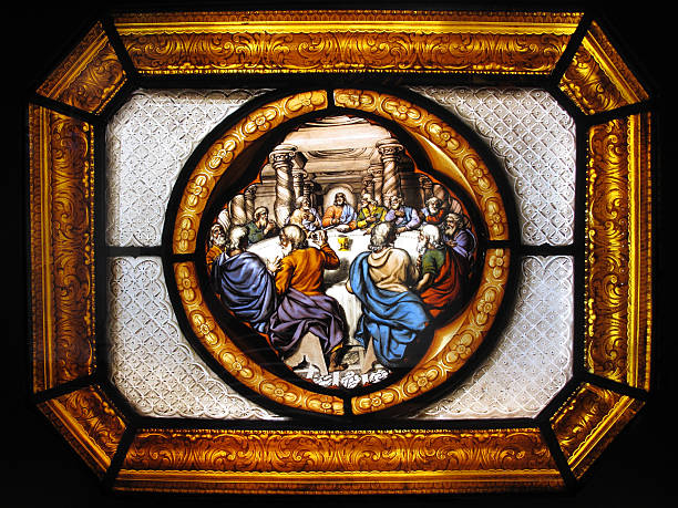 The Last Supper Stained Glass Window Panel The Last Supper of Christ and the Diciples shown in an image on stained glass window panel by William Peckitt in about 1770-80 anglican eucharist stock pictures, royalty-free photos & images