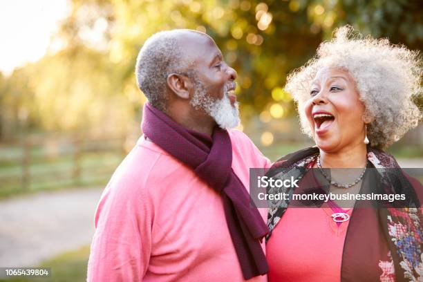 Pareja Senior En Otoño A Pie De Campo Juntos Foto de stock y más banco de imágenes de Tercera edad - Tercera edad, Vitalidad, Parejas