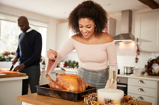 Young adult mixed race couple preparing Christmas dinner together at home, woman basting roast turkey in the foreground, front view, close up