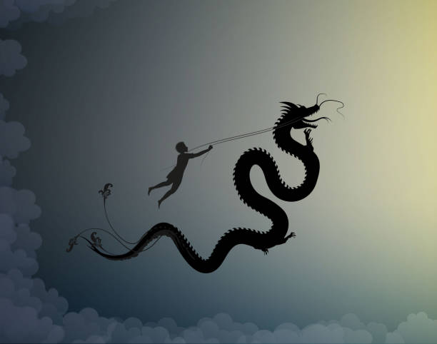 young man catching the fairy dragon and holding it on the thread, battle on the sky with dragon, scene from the fairytale in the dreamland, hero, black and white, vector, vector art illustration