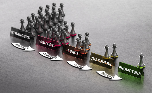 Inbound Marketing Principles over black background with pawns signs and arrows. Stages from stranger to promoter. 3D illustration