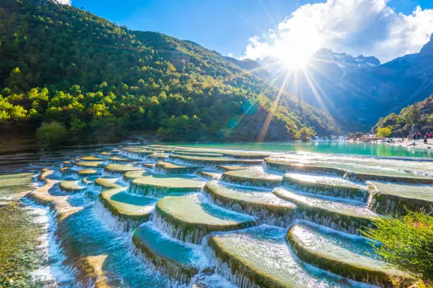 Waterfall river mountain landscape,Blue Moon Valley,Lijiang,China.