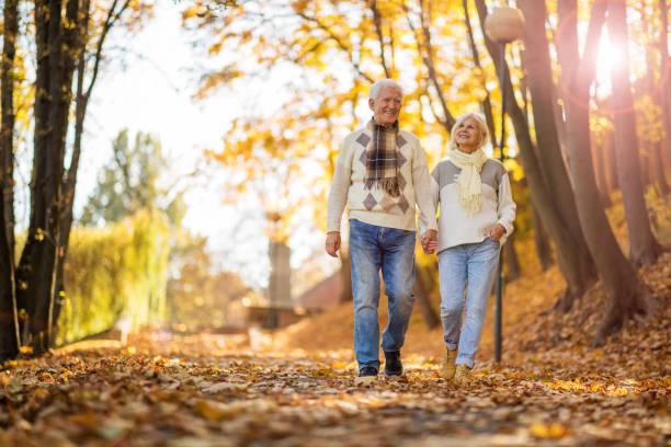 istock Elderly couple together in autumn park 1065450664