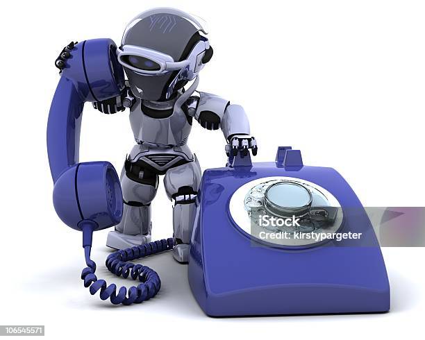 Robot With A Traditional Telephone Stock Photo - Download Image Now - Call Center, Robot, Adult