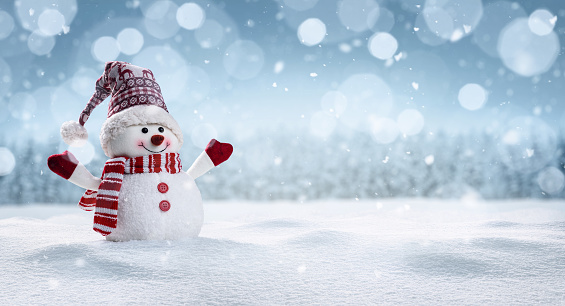 Muñeco de nieve feliz en invierno secenery photo