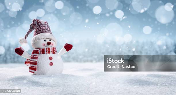 Happy Snowman In Winter Secenery Stock Photo - Download Image Now - Christmas, Backgrounds, Snow