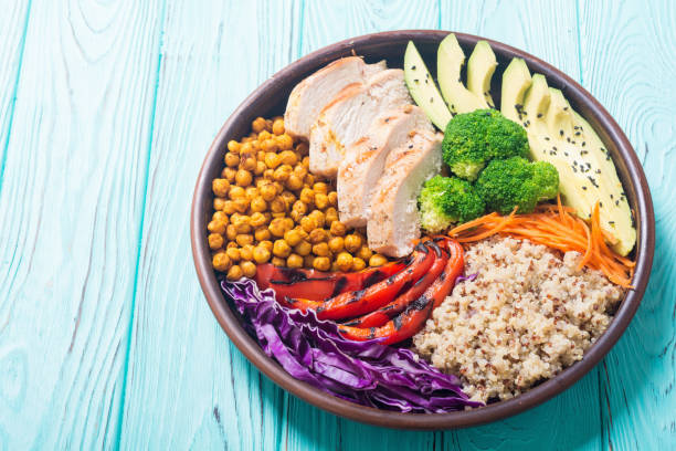 istock Buddha bowl with avocado , chicken , pepper , quinoa and chickpea 1065458340