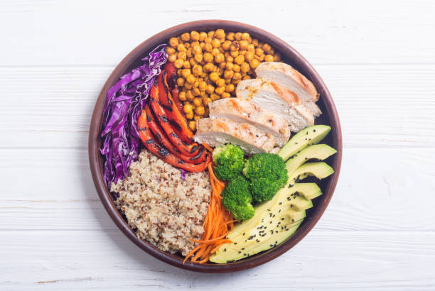 istock Buddha bowl with avocado , chicken , pepper , quinoa and chickpea 1065458356