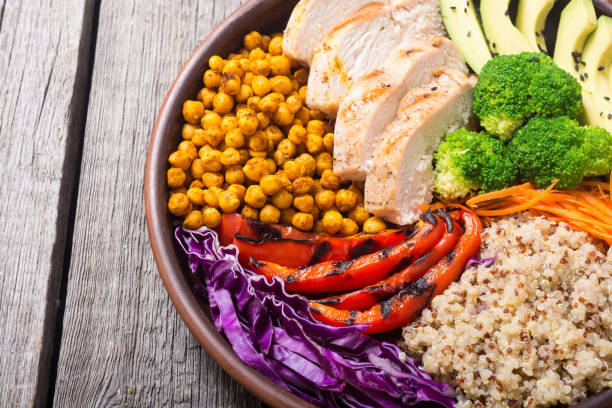 istock Buddha bowl with avocado , chicken , pepper , quinoa and chickpea 1065458360