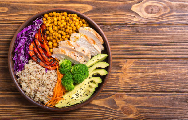 istock Buddha bowl with avocado , chicken , pepper , quinoa and chickpea 1065458368