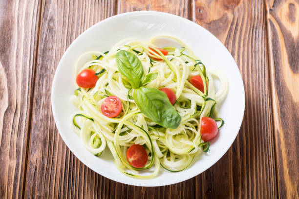 istock Zucchini pasta noodles with tomatoes . Healthy vegetarian food 1065458708