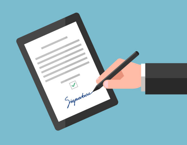 ilustrações de stock, clip art, desenhos animados e ícones de signing of digital contract - contract signing document legal system