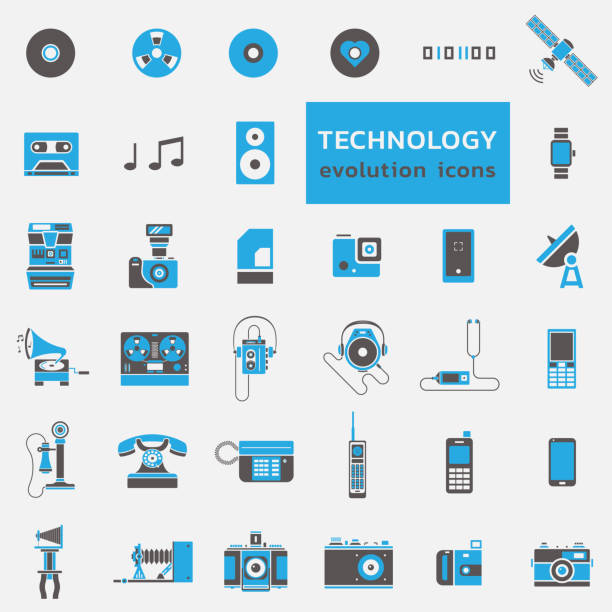 illustrations, cliparts, dessins animés et icônes de jeu d’icônes de technologie evolution - old telephone mobile phone retro revival