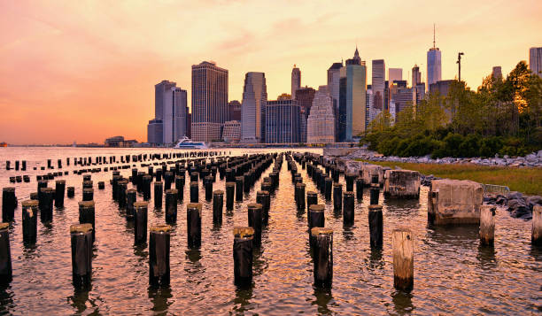 istock warm sunset on manhattan modern architecture skyline with moody reflections on Hudson river, Manhattan New York city 1065467766