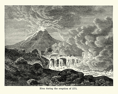 Vintage engraving of Mount Etna during the eruption of 1771. an active stratovolcano on the east coast of Sicily, Italy