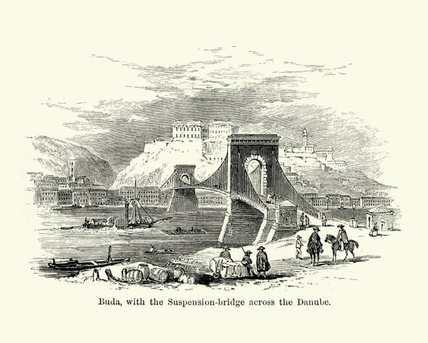istock Buda, with Suspension Bridge across the river Danube, 19th Century 1065474944
